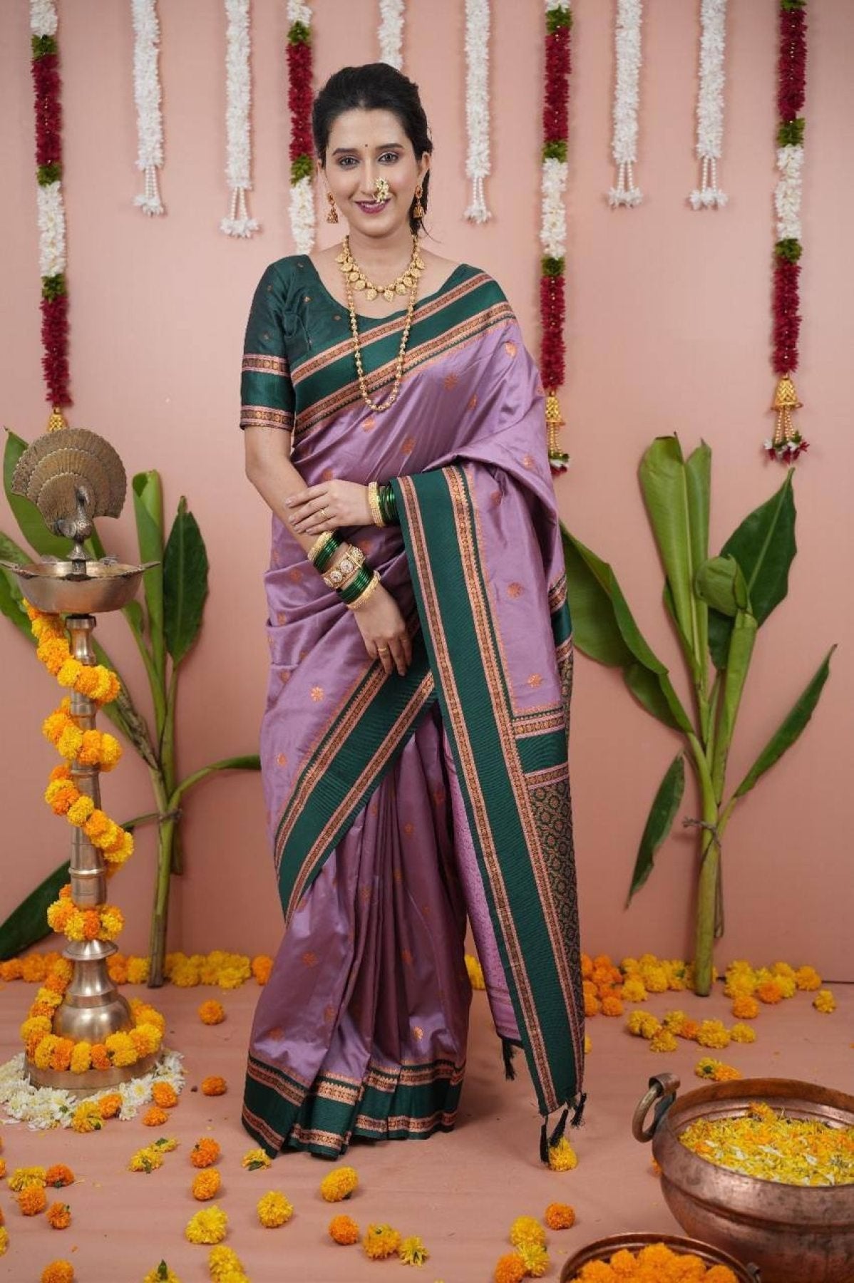 Pink Onion Soft Silk Two Tone Saree with Zari Border and Contrast Pallu