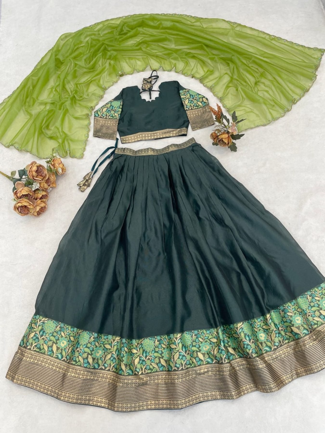 Silk Lehenga with Weaving Border and Zari Work for Bridal Functions