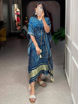 Pretty Blue Bandhani Print Gaji Silk Festival Wear Readymade Kaftan