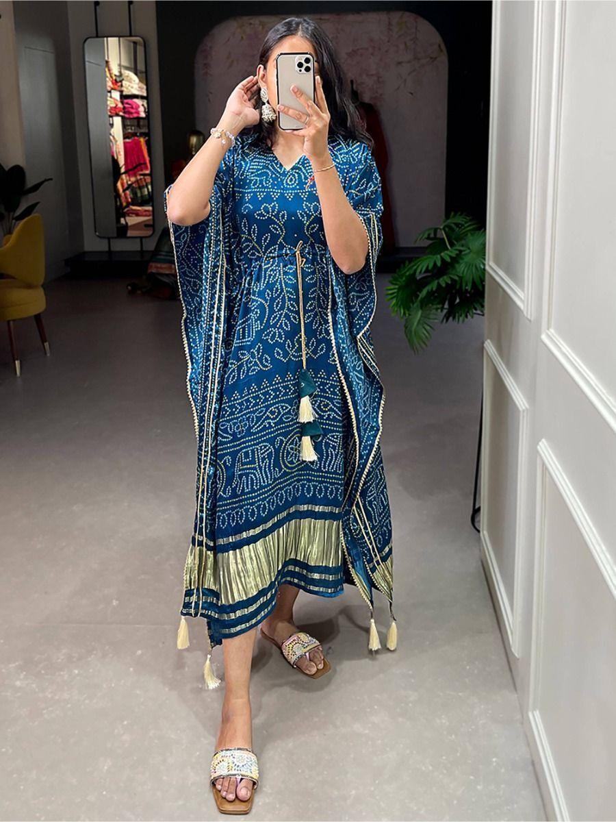 Pretty Blue Bandhani Print Gaji Silk Festival Wear Readymade Kaftan