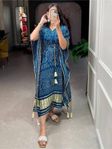 Pretty Blue Bandhani Print Gaji Silk Festival Wear Readymade Kaftan