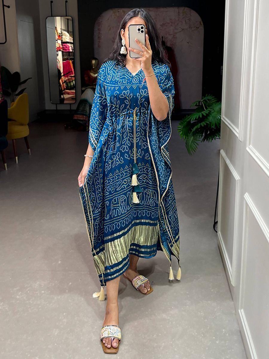 Pretty Blue Bandhani Print Gaji Silk Festival Wear Readymade Kaftan