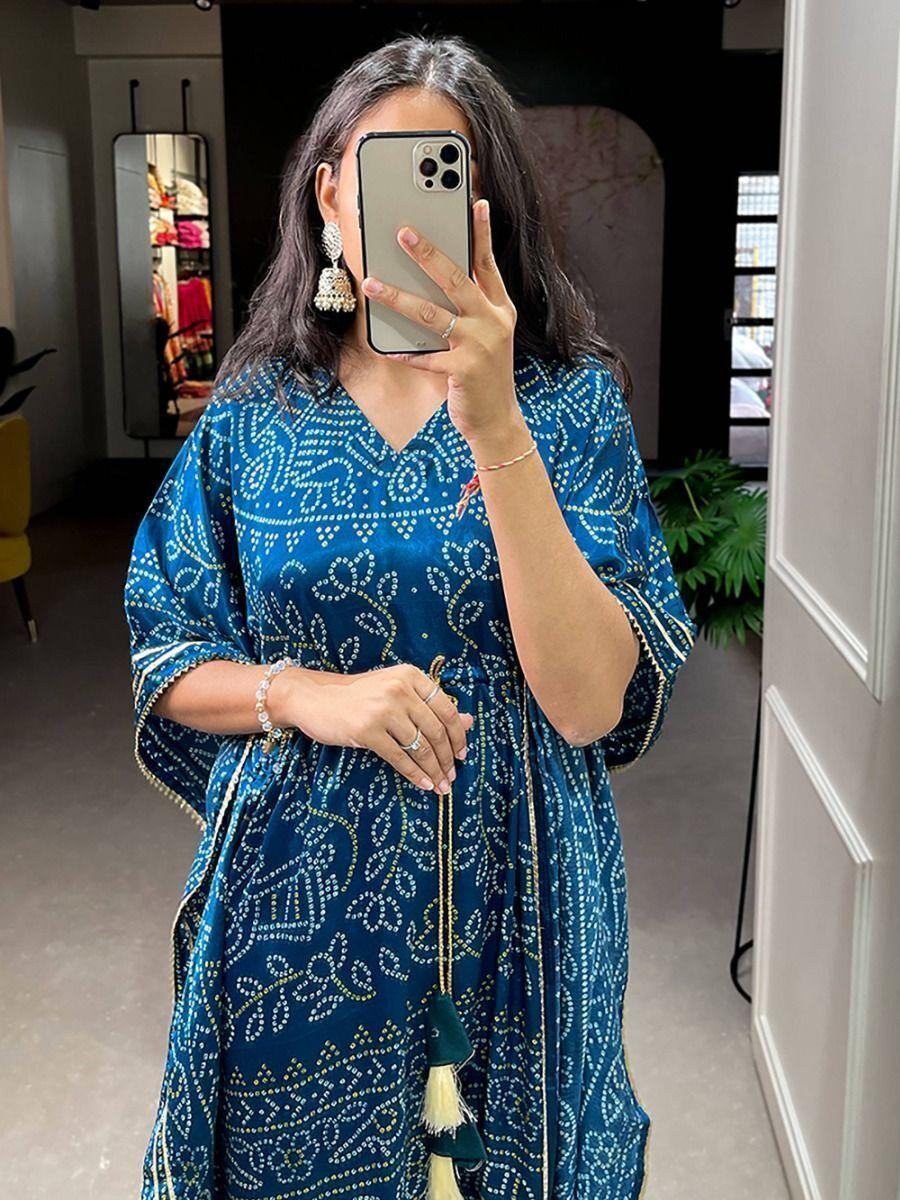 Pretty Blue Bandhani Print Gaji Silk Festival Wear Readymade Kaftan