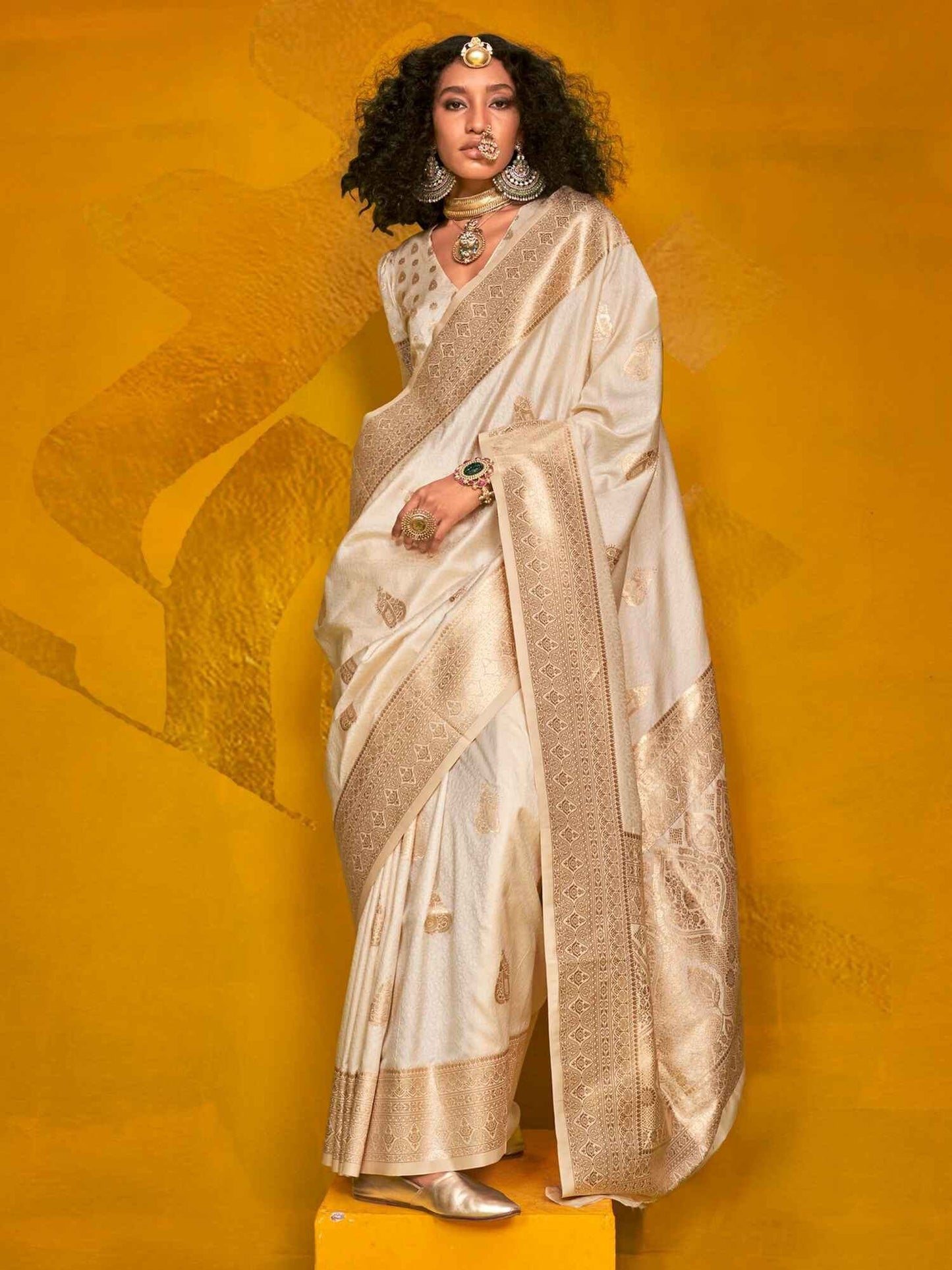 Pretty Cream Zari Weaving Silk Traditional Saree With Blouse
