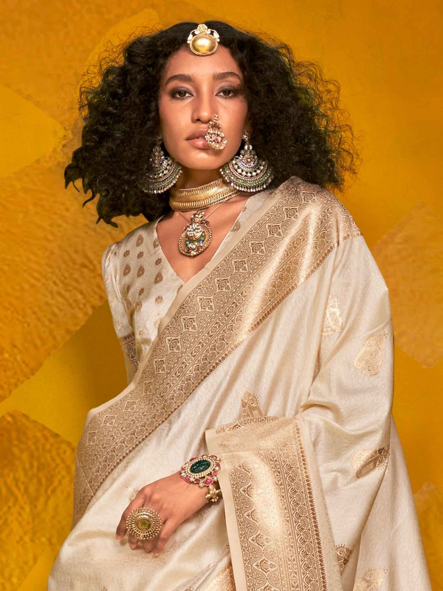 Pretty Cream Zari Weaving Silk Traditional Saree With Blouse
