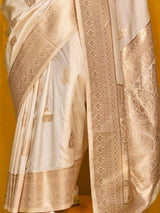 Pretty Cream Zari Weaving Silk Traditional Saree With Blouse