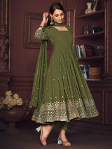 Pretty Green Embroidered Georgette Anarkali Suit With Dupatta