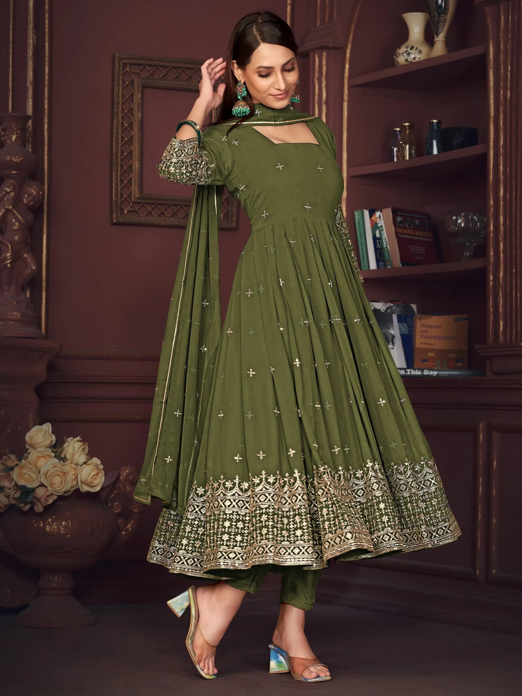 Pretty Green Embroidered Georgette Anarkali Suit With Dupatta