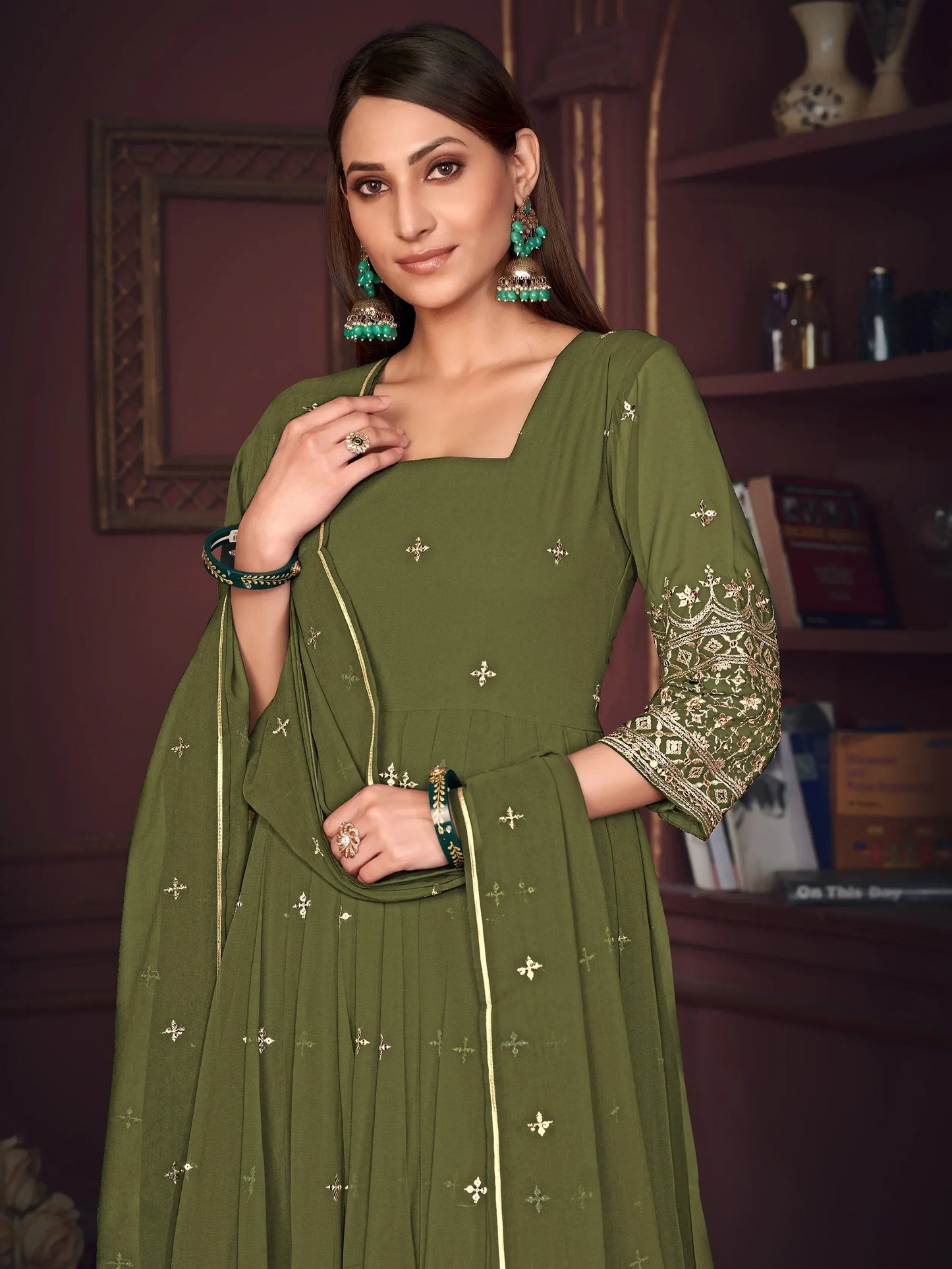Pretty Green Embroidered Georgette Anarkali Suit With Dupatta