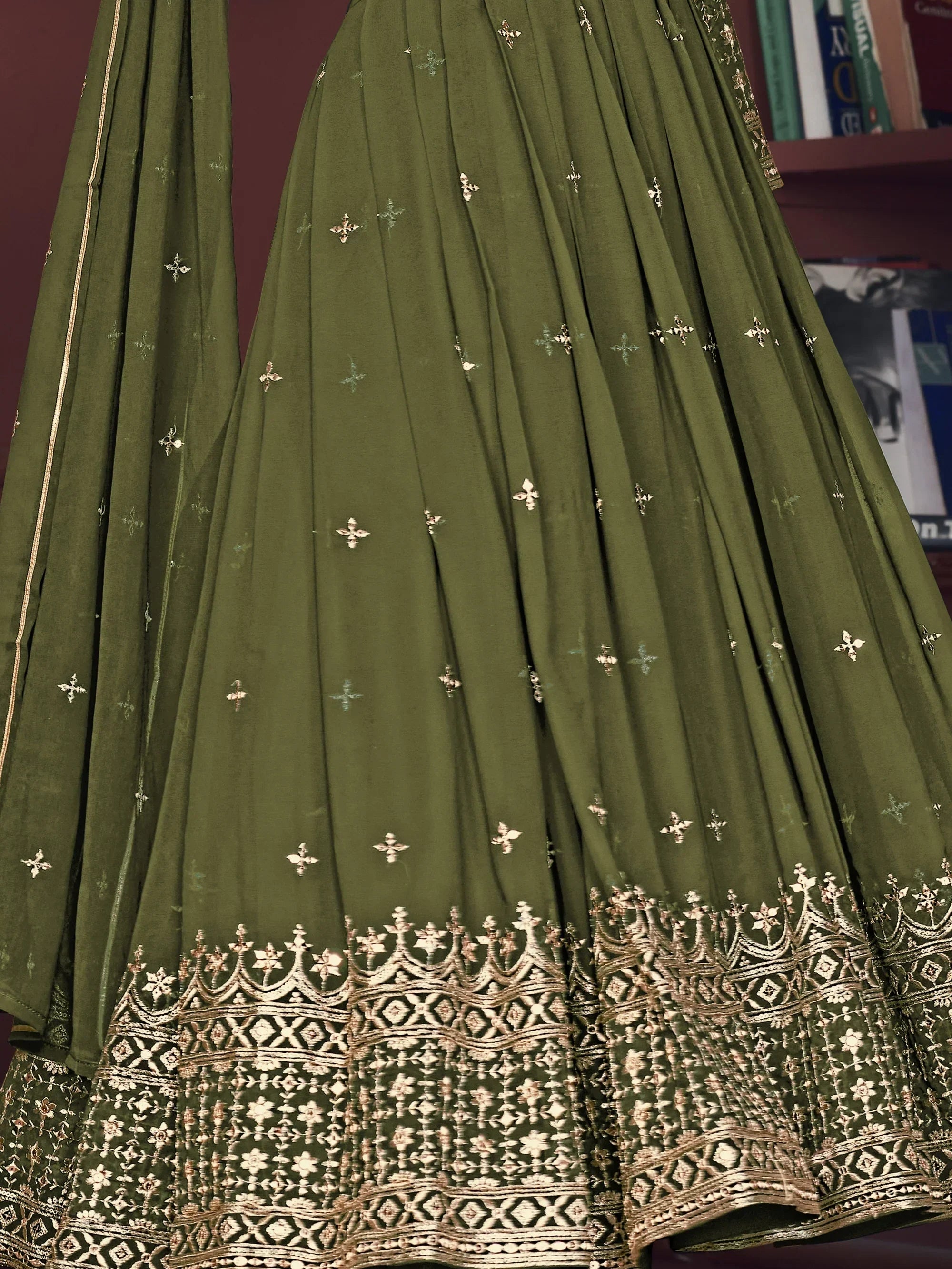 Pretty Green Embroidered Georgette Anarkali Suit With Dupatta