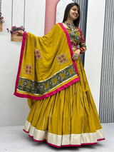 Pretty Mustard Yellow Bandhani Printed Cotton Lehenga Choli With Dupatta