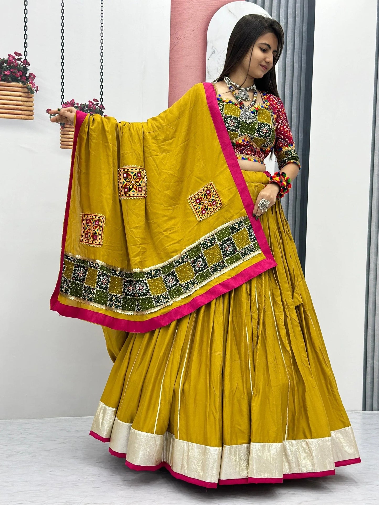 Pretty Mustard Yellow Bandhani Printed Cotton Lehenga Choli With Dupatta