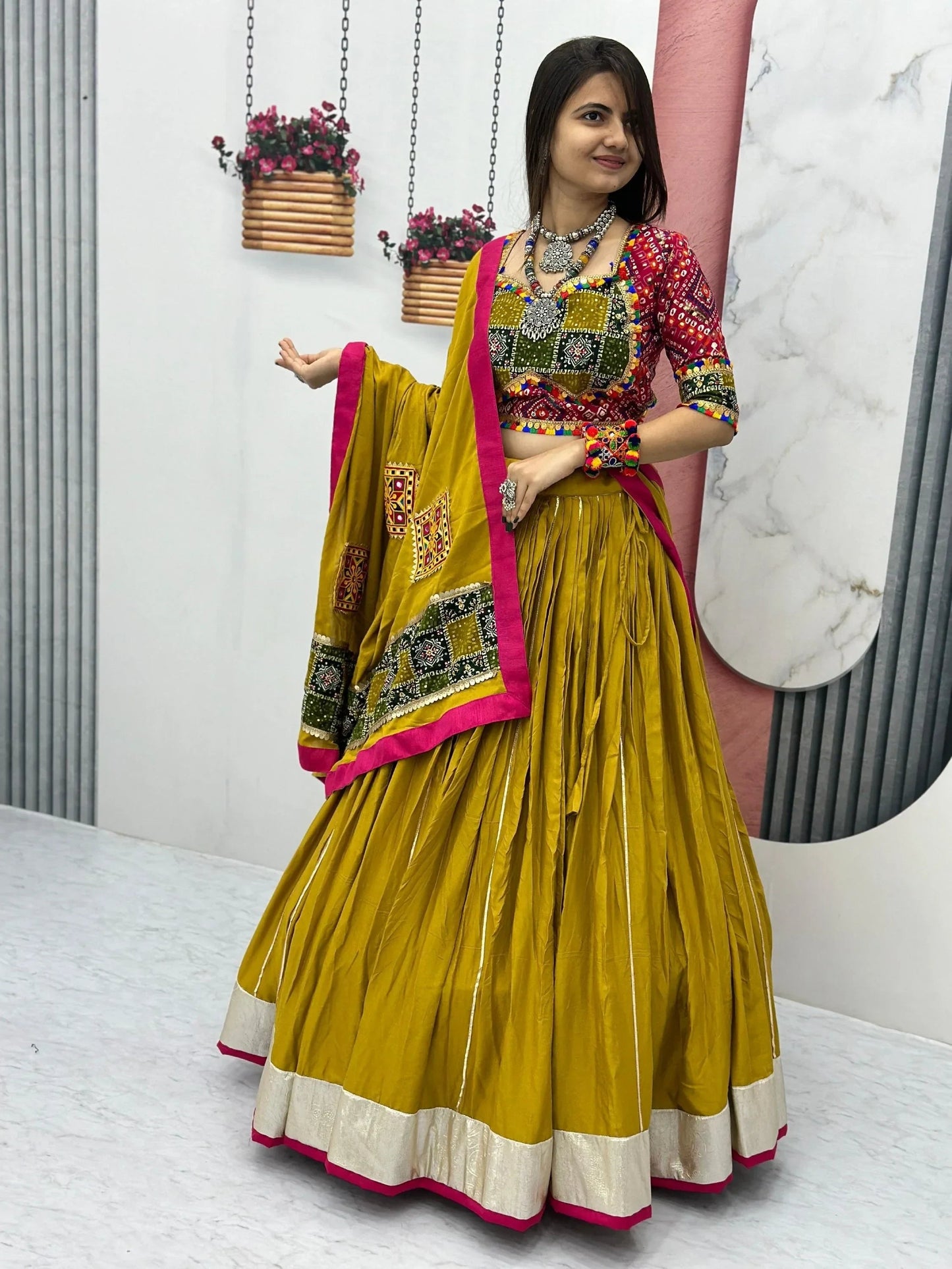 Pretty Mustard Yellow Bandhani Printed Cotton Lehenga Choli With Dupatta