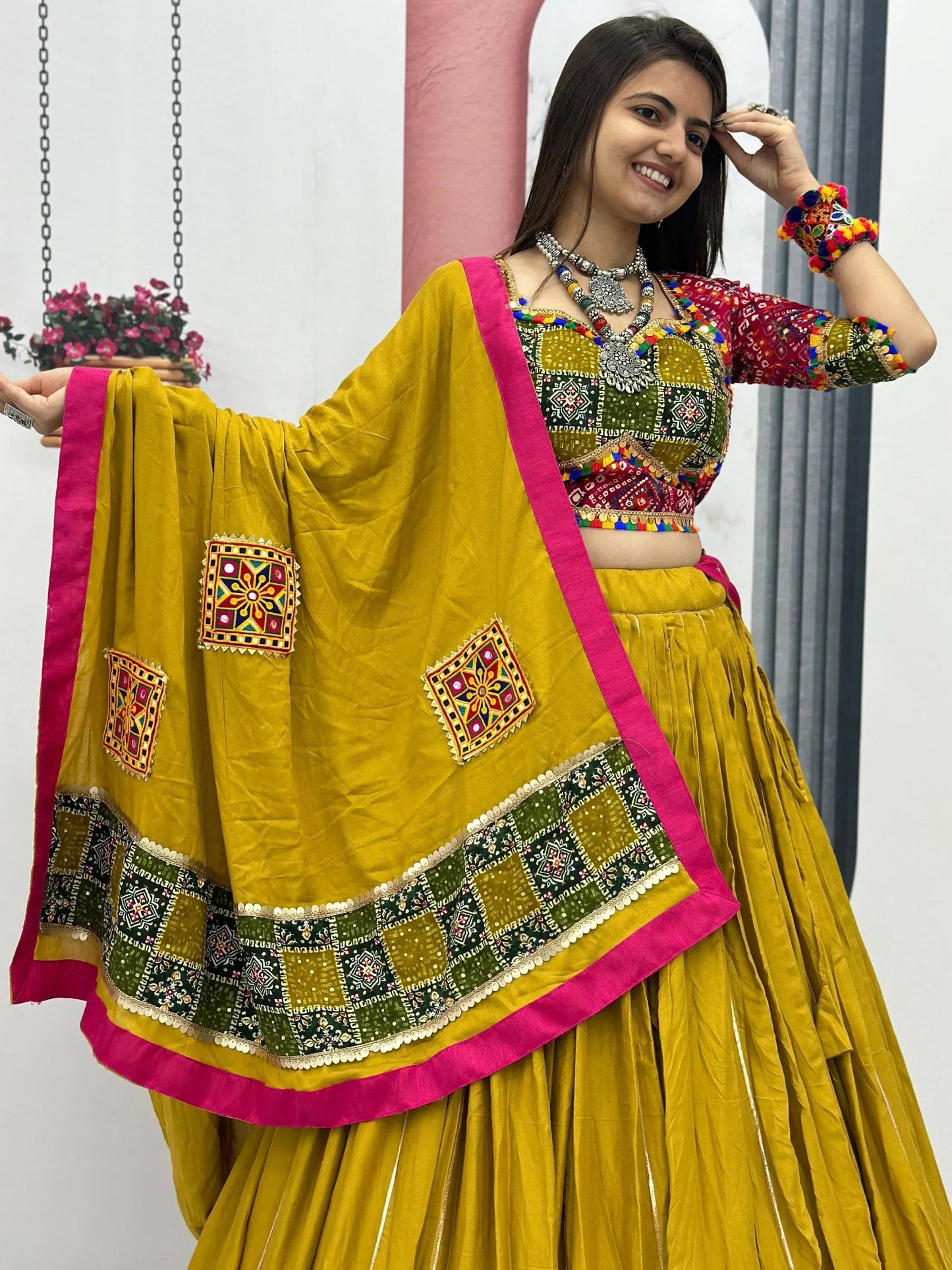 Pretty Mustard Yellow Bandhani Printed Cotton Lehenga Choli With Dupatta