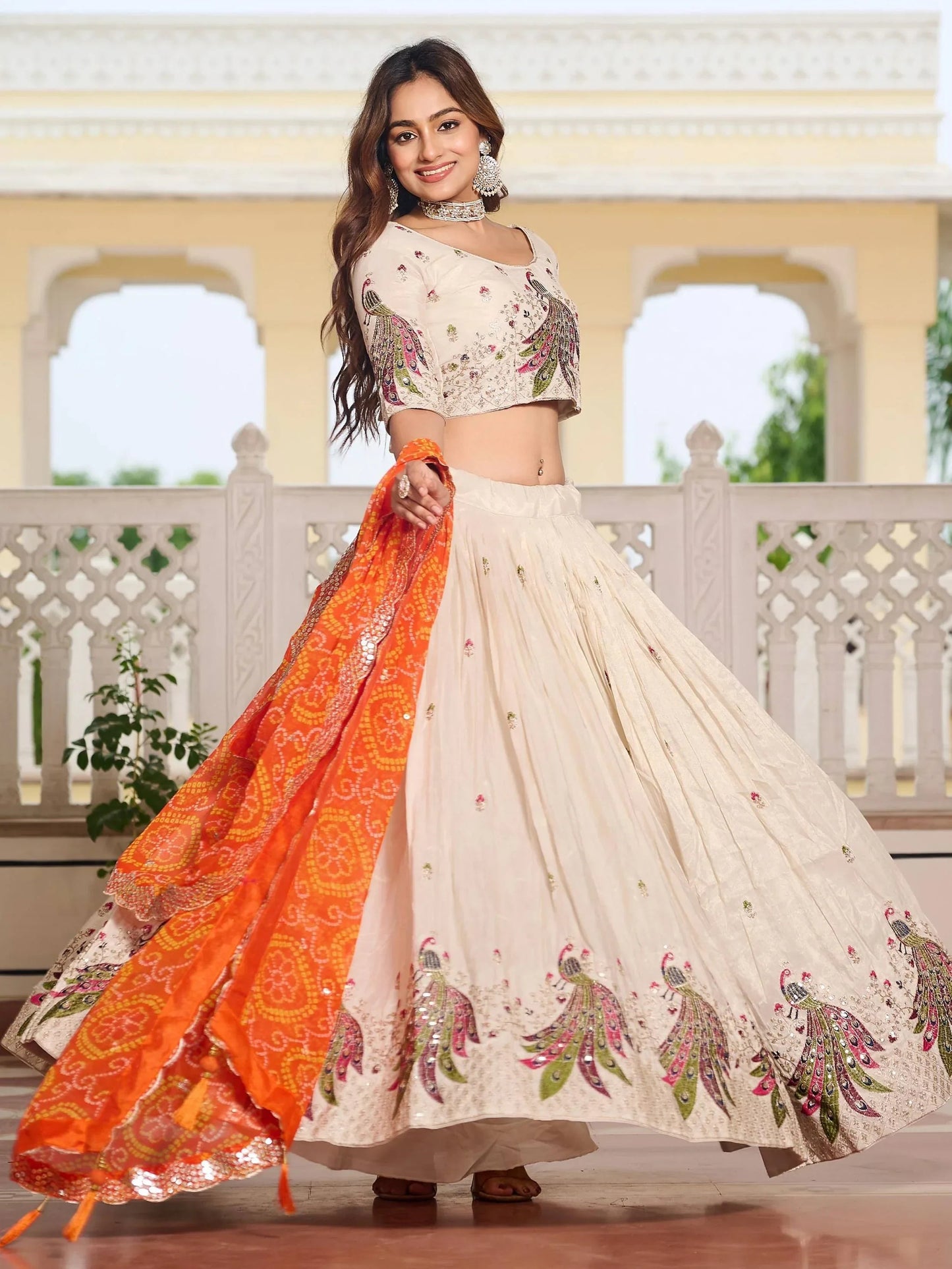 Pretty Off-White Thread Work Tissue Silk Traditional Lehenga Choli With Orange Dupatta