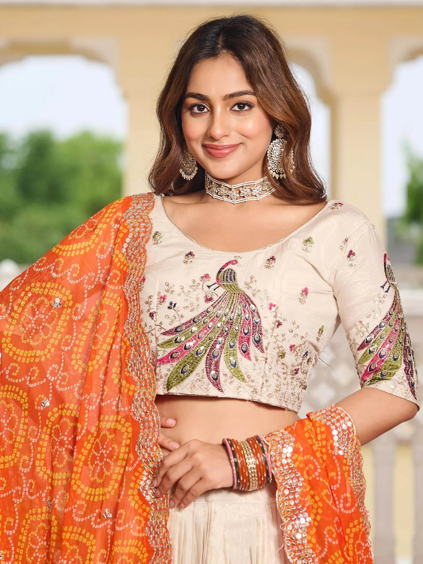 Pretty Off-White Thread Work Tissue Silk Traditional Lehenga Choli With Orange Dupatta
