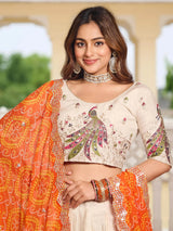Pretty Off-White Thread Work Tissue Silk Traditional Lehenga Choli With Orange Dupatta