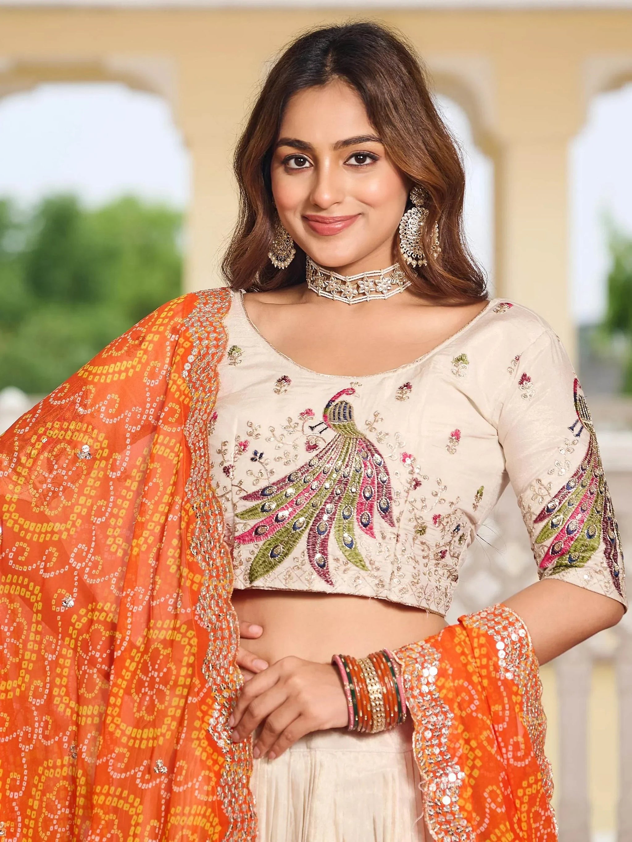 Pretty Off-White Thread Work Tissue Silk Traditional Lehenga Choli With Orange Dupatta