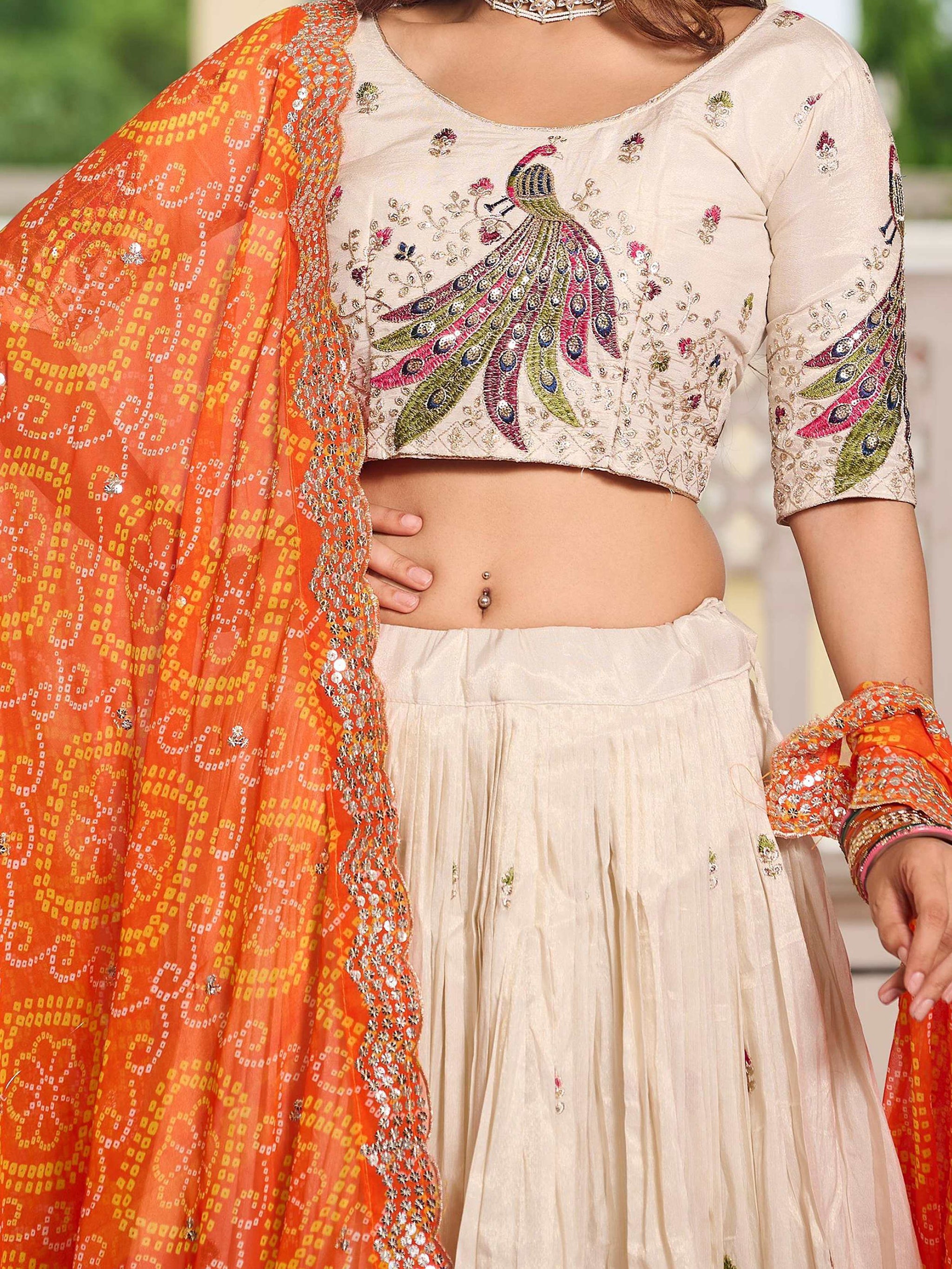 Pretty Off-White Thread Work Tissue Silk Traditional Lehenga Choli With Orange Dupatta