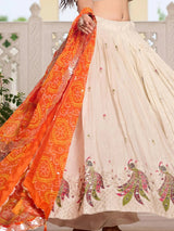 Pretty Off-White Thread Work Tissue Silk Traditional Lehenga Choli With Orange Dupatta