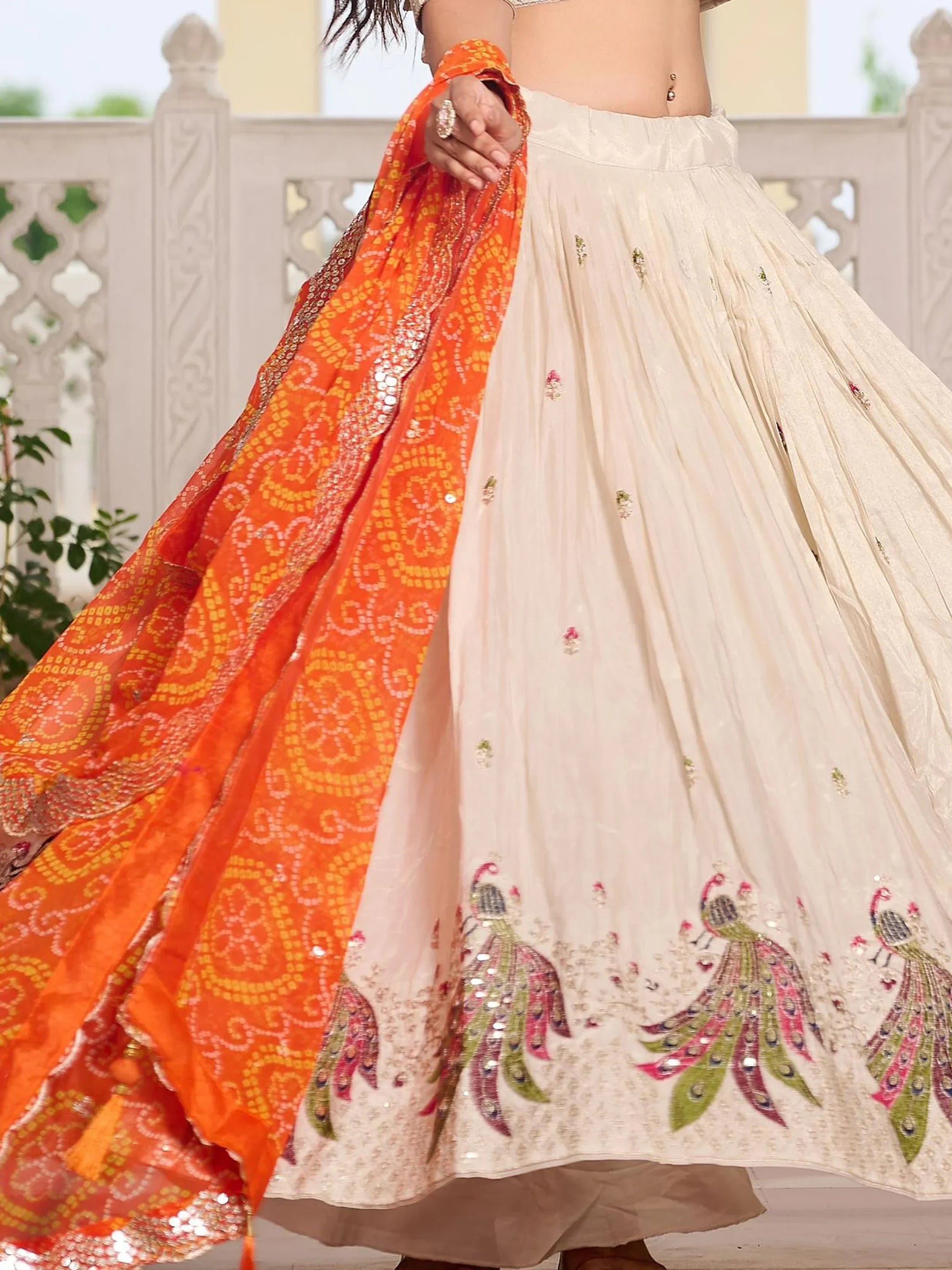 Pretty Off-White Thread Work Tissue Silk Traditional Lehenga Choli With Orange Dupatta