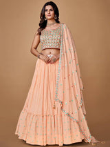 Pretty Peach Embroidered Georgette Reception Wear Lehenga Choli