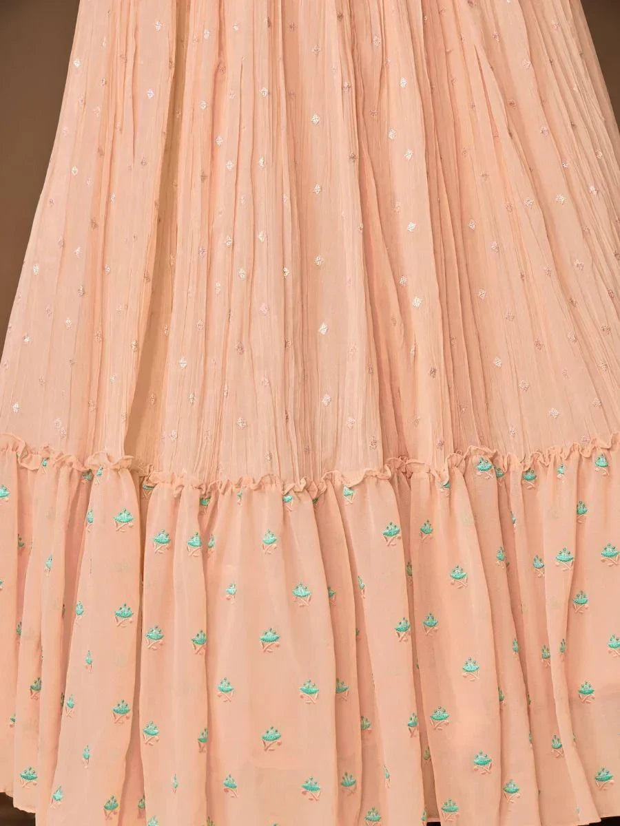 Pretty Peach Embroidered Georgette Reception Wear Lehenga Choli
