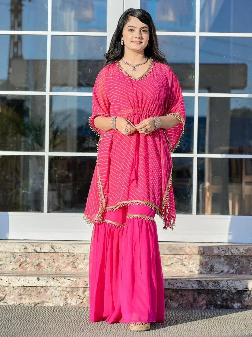 Pretty Pink Leheriya Printed Georgette Party Wear Kaftan Sharara Suit