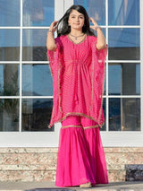 Pretty Pink Leheriya Printed Georgette Party Wear Kaftan Sharara Suit