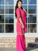 Pretty Pink Leheriya Printed Georgette Party Wear Kaftan Sharara Suit