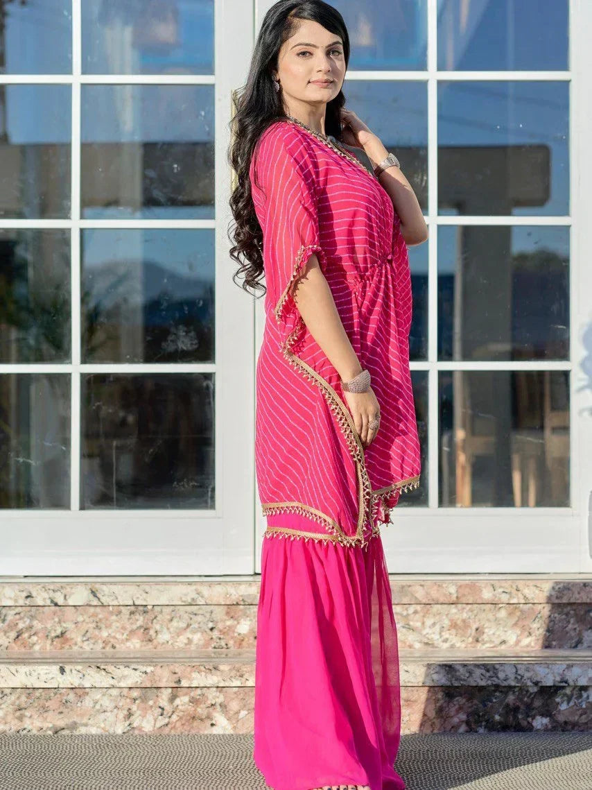 Pretty Pink Leheriya Printed Georgette Party Wear Kaftan Sharara Suit