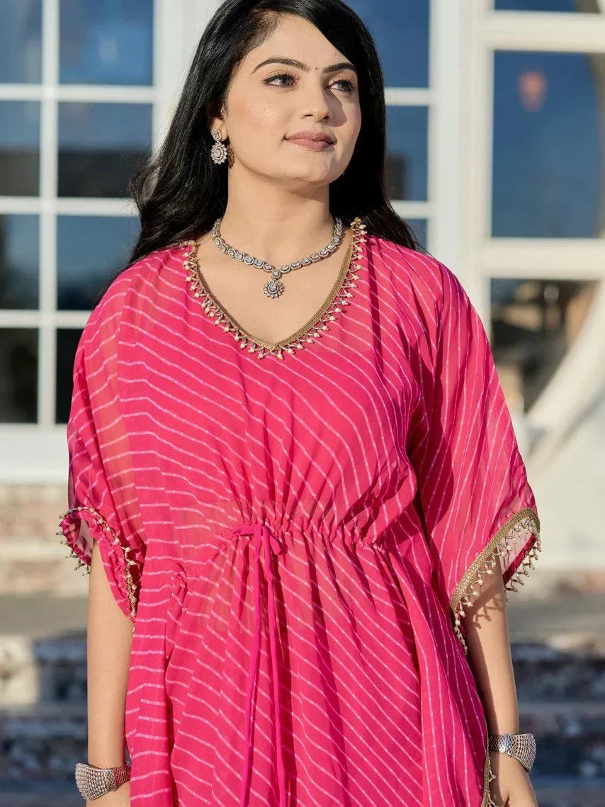 Pretty Pink Leheriya Printed Georgette Party Wear Kaftan Sharara Suit