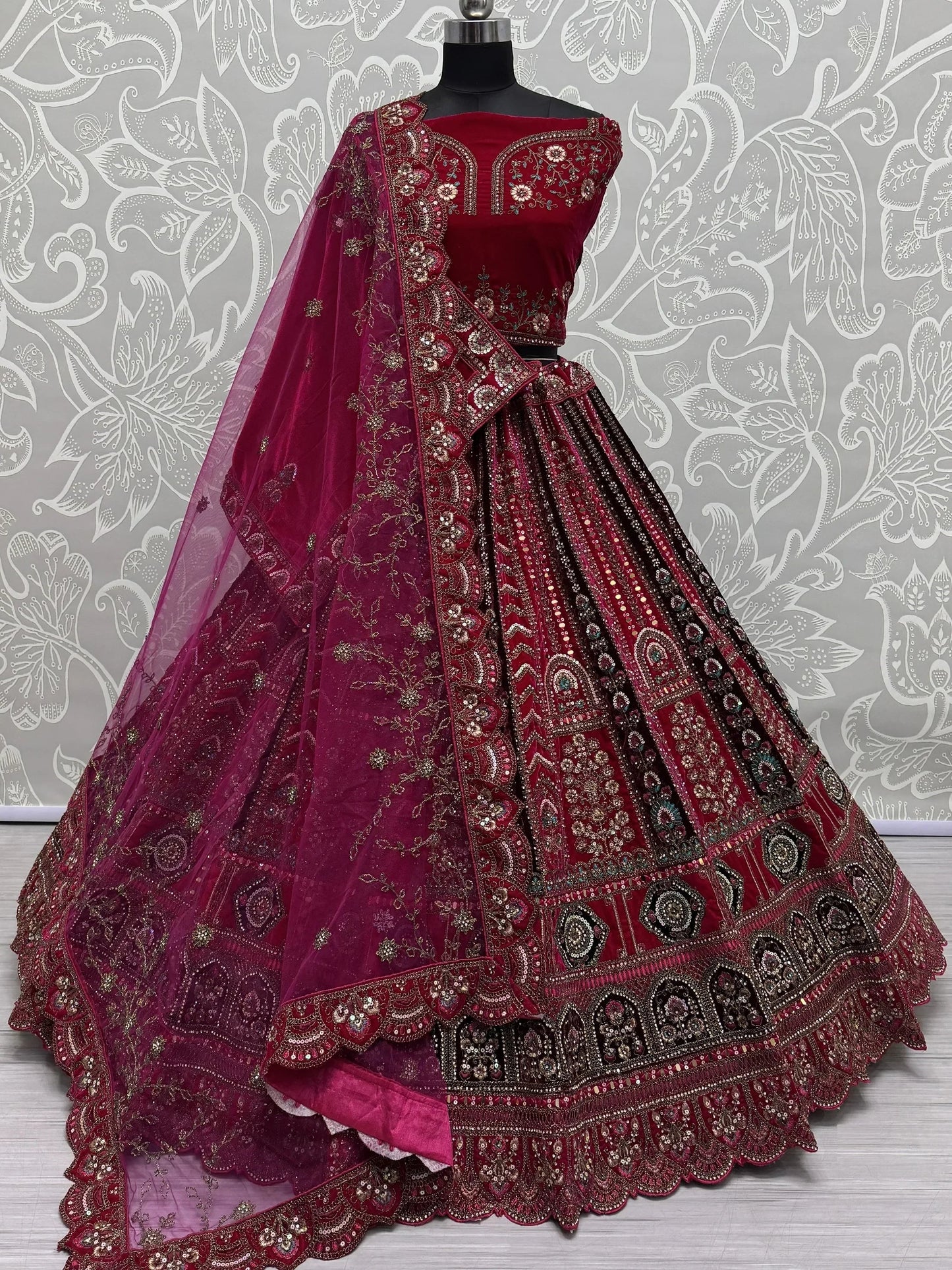 Pretty Pink Thread Work Velvet Bridal Lehenga Choli With Double Dupatta