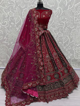 Pretty Pink Thread Work Velvet Bridal Lehenga Choli With Double Dupatta