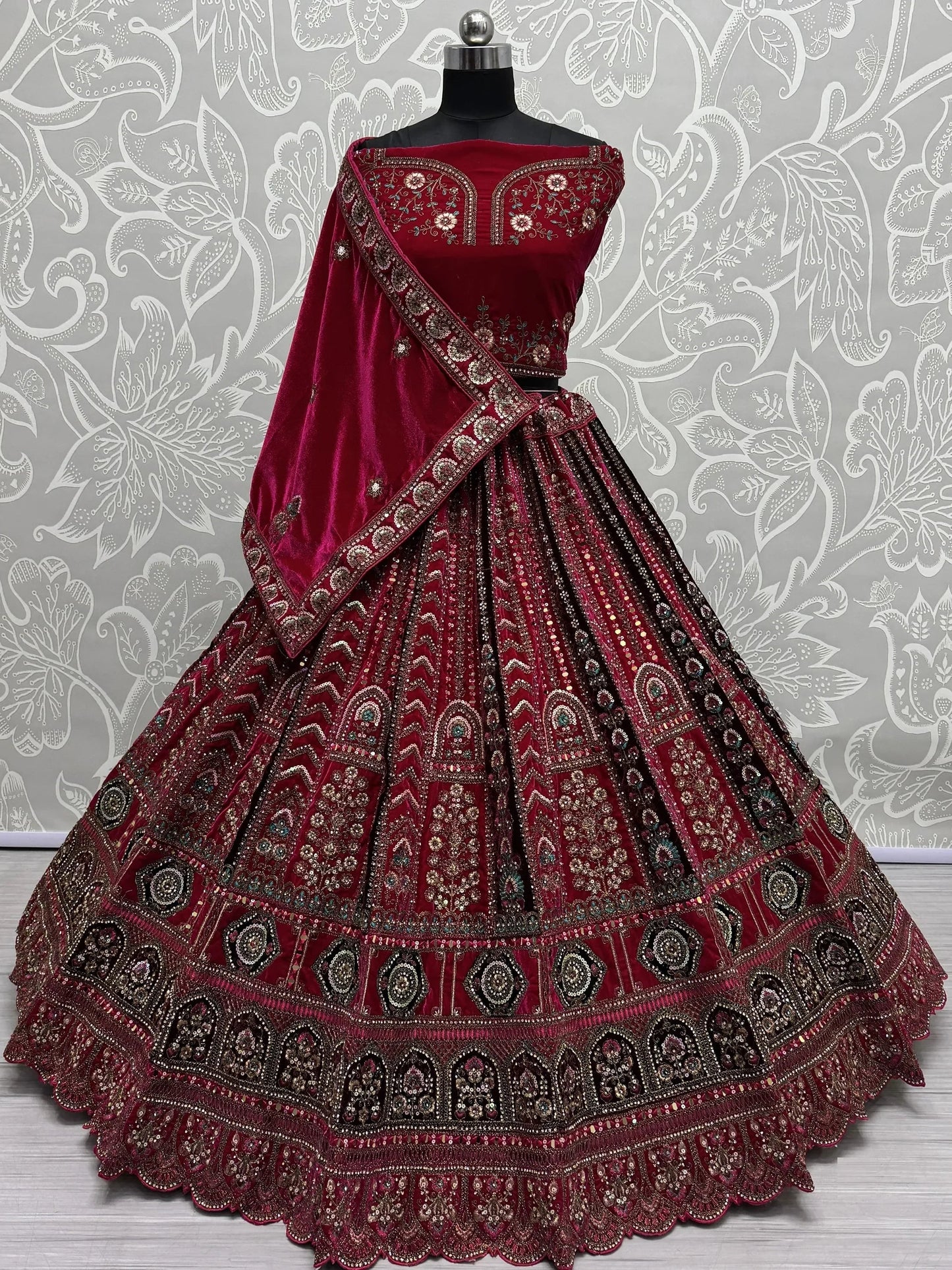 Pretty Pink Thread Work Velvet Bridal Lehenga Choli With Double Dupatta