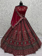 Pretty Pink Thread Work Velvet Bridal Lehenga Choli With Double Dupatta