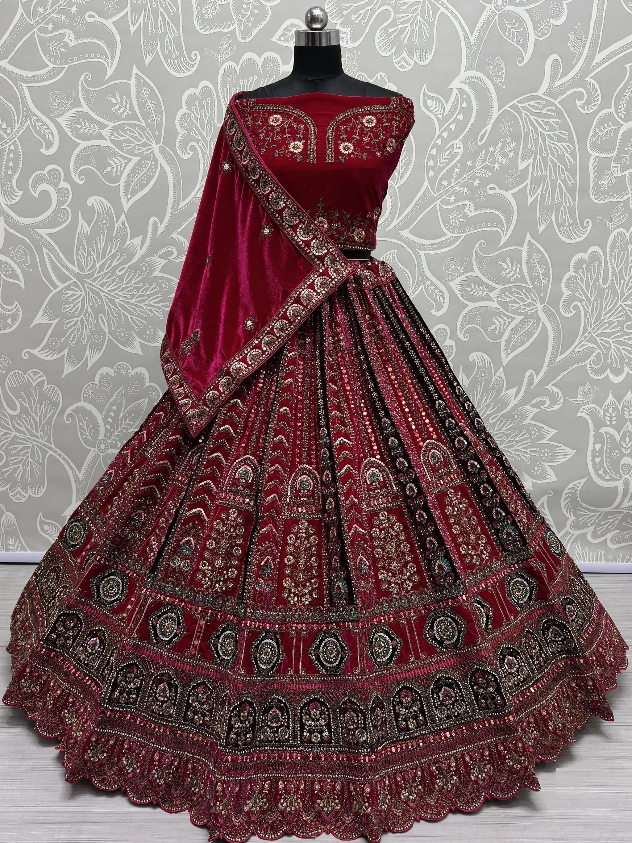 Pretty Pink Thread Work Velvet Bridal Lehenga Choli With Double Dupatta