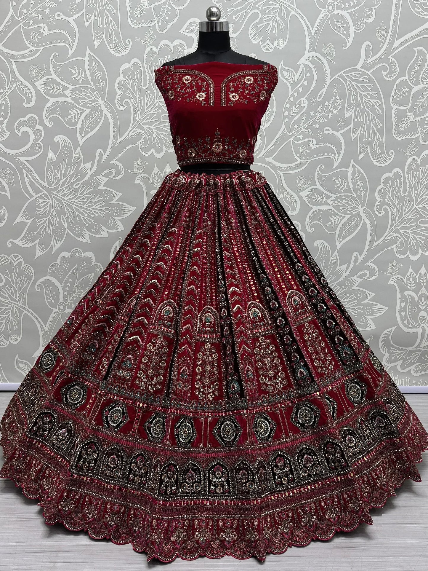 Pretty Pink Thread Work Velvet Bridal Lehenga Choli With Double Dupatta