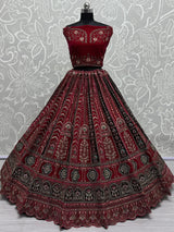 Pretty Pink Thread Work Velvet Bridal Lehenga Choli With Double Dupatta