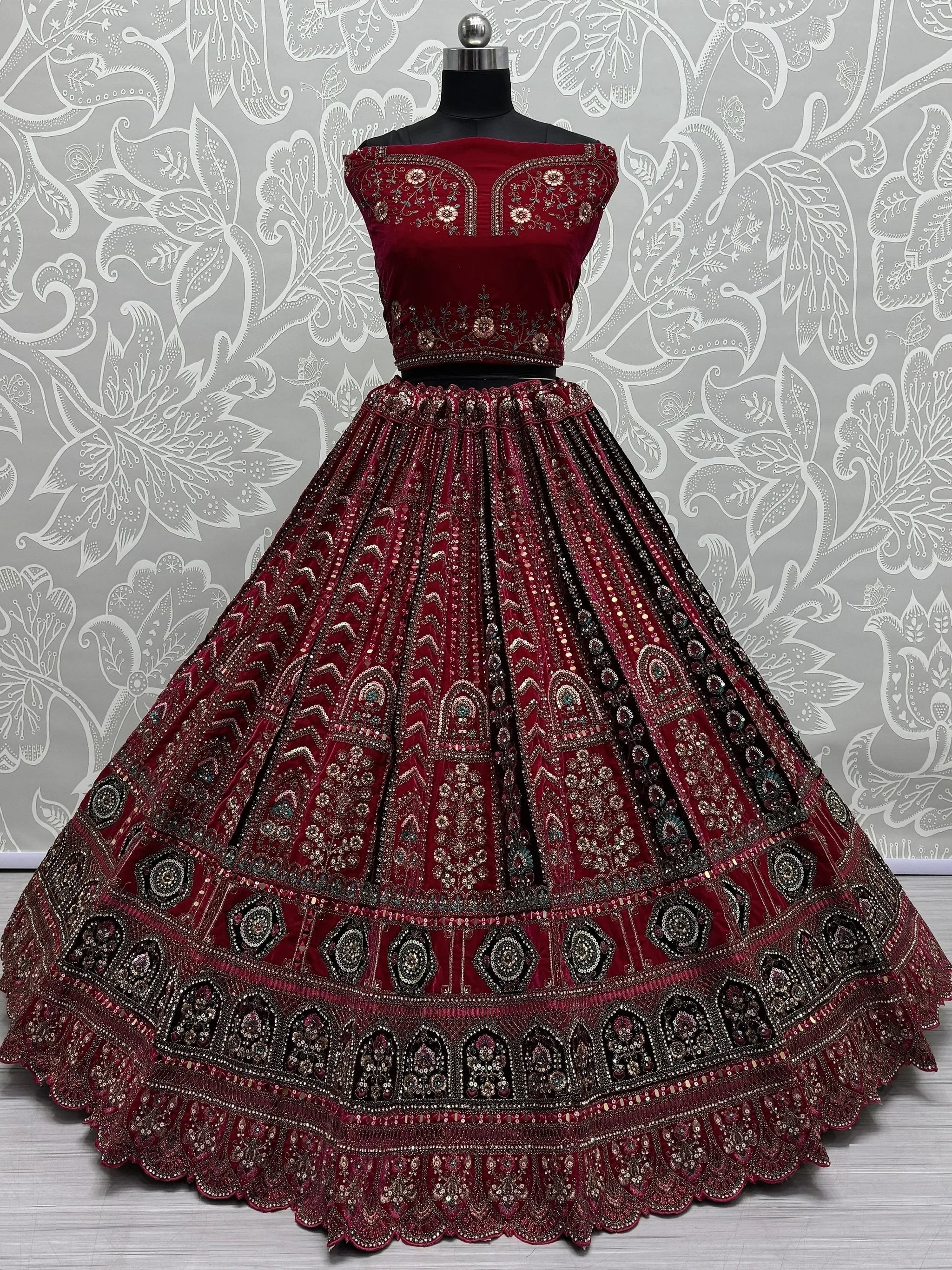 Pretty Pink Thread Work Velvet Bridal Lehenga Choli With Double Dupatta