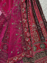 Pretty Pink Thread Work Velvet Bridal Lehenga Choli With Double Dupatta