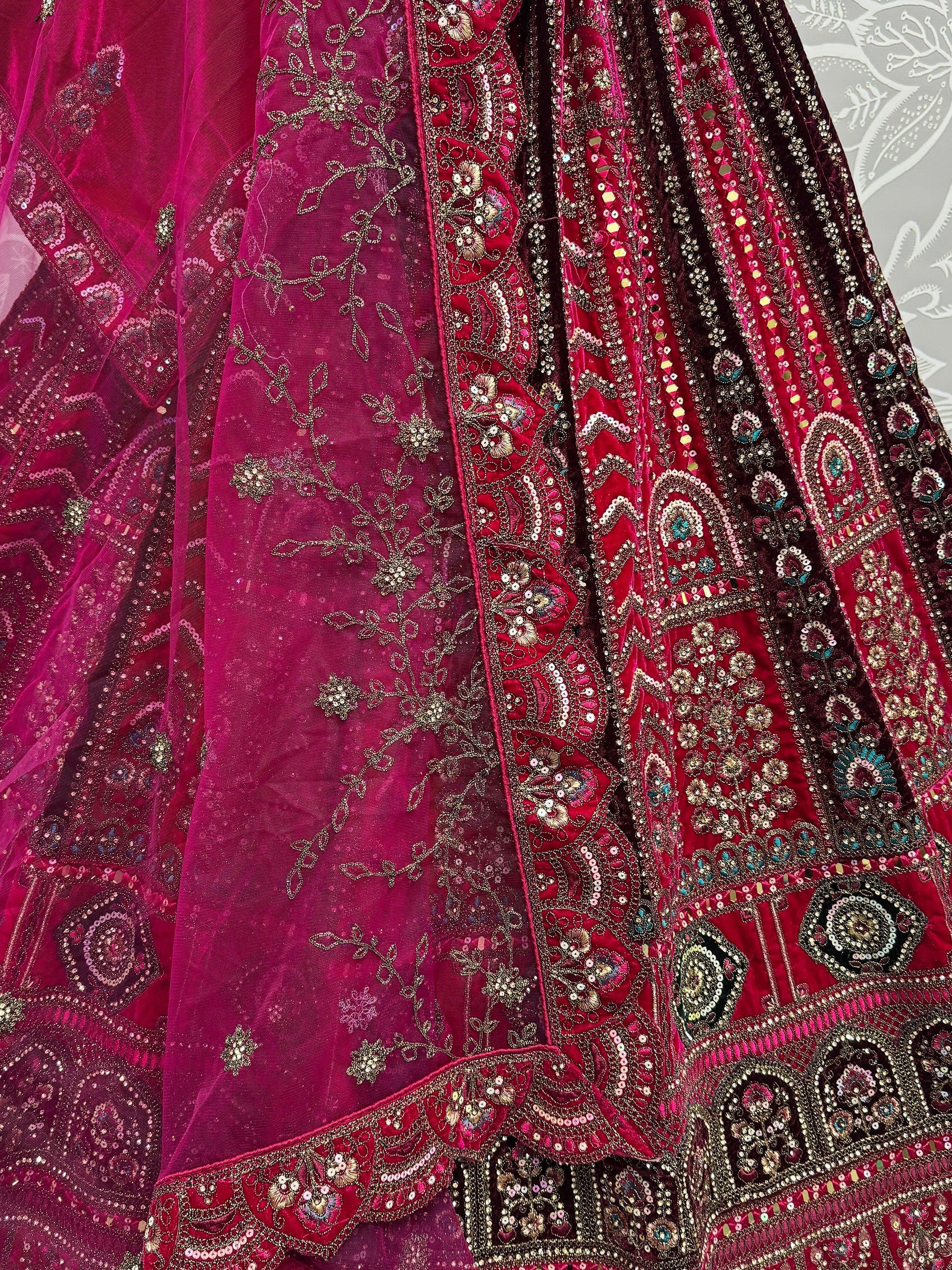 Pretty Pink Thread Work Velvet Bridal Lehenga Choli With Double Dupatta