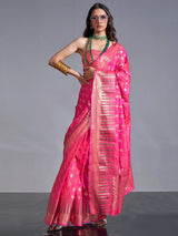 Pretty Pink Zari Weaving Silk Wedding Wear Saree With Blouse