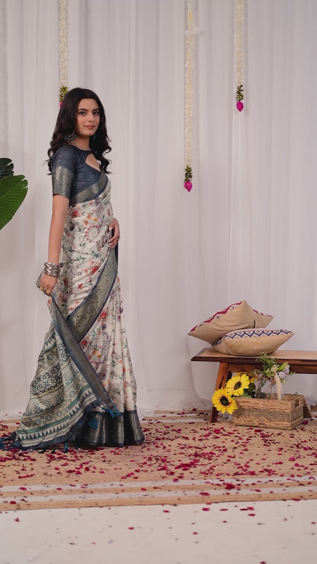 Premium Soft Silk Floral Printed Saree with Rich Antique Silver Zari Woven Border