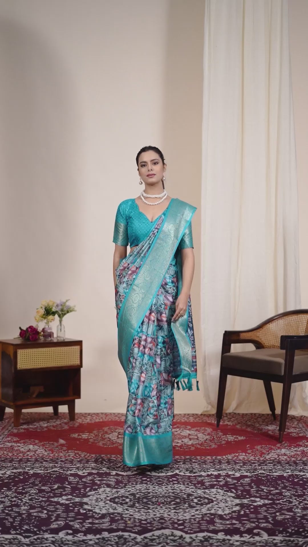 Premium Soft Silk Floral Printed Saree with Rich Teal Zari Woven Border