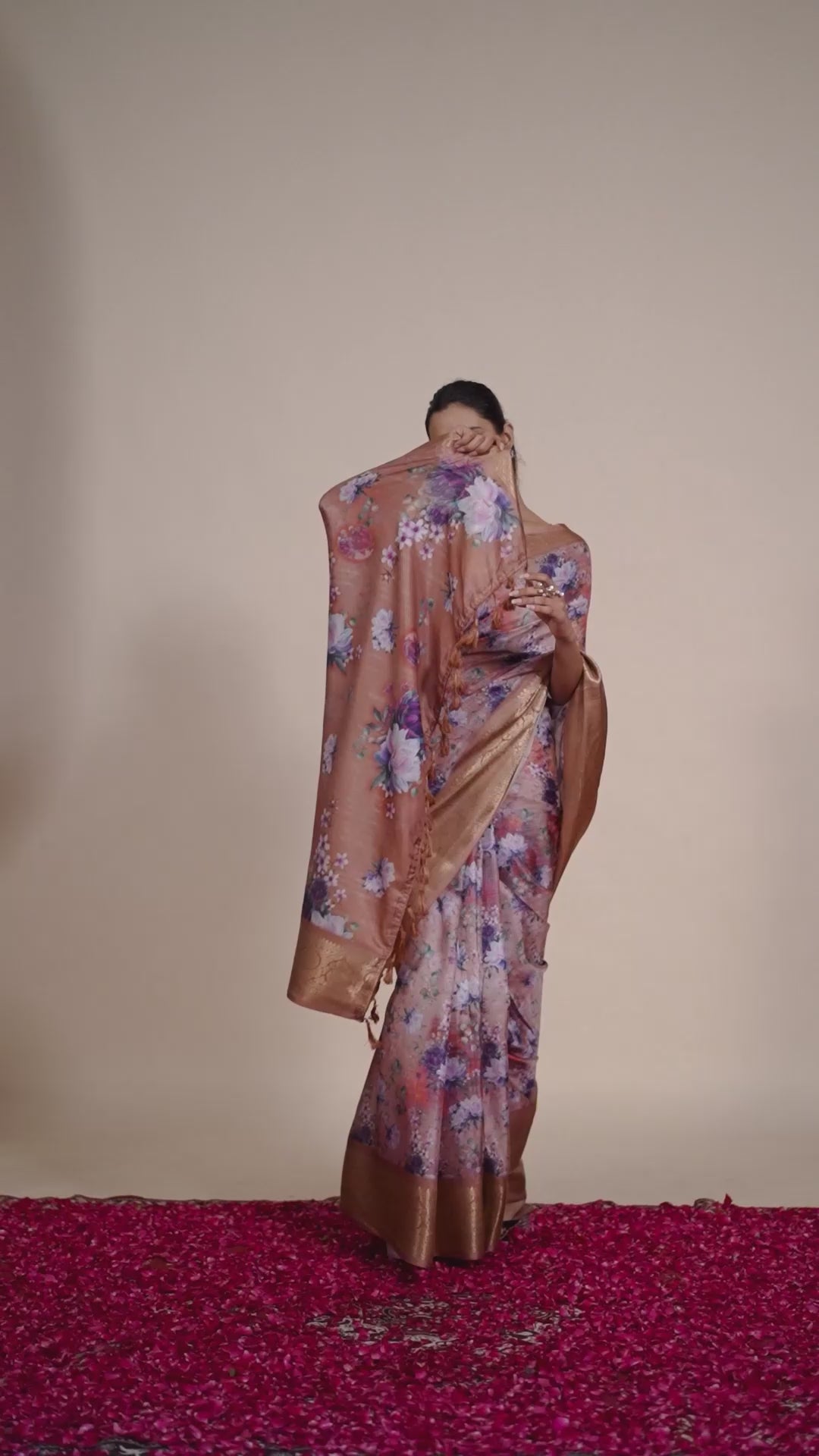 Premium Soft Silk Floral Printed Saree with Rich Gold Zari Woven Border