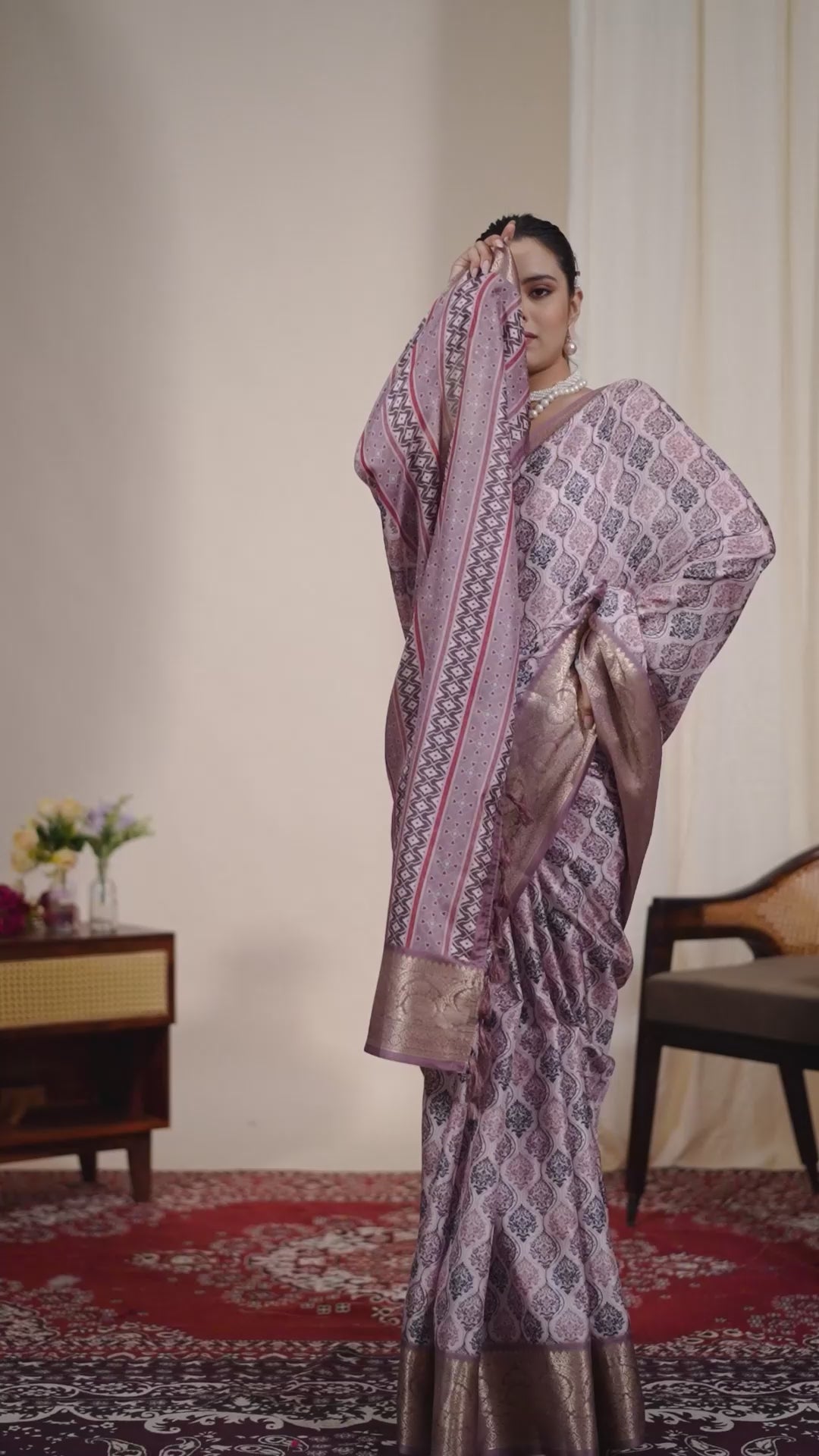 Premium Soft Silk Geometric Printed Saree with Rich Mauve Zari Woven Border