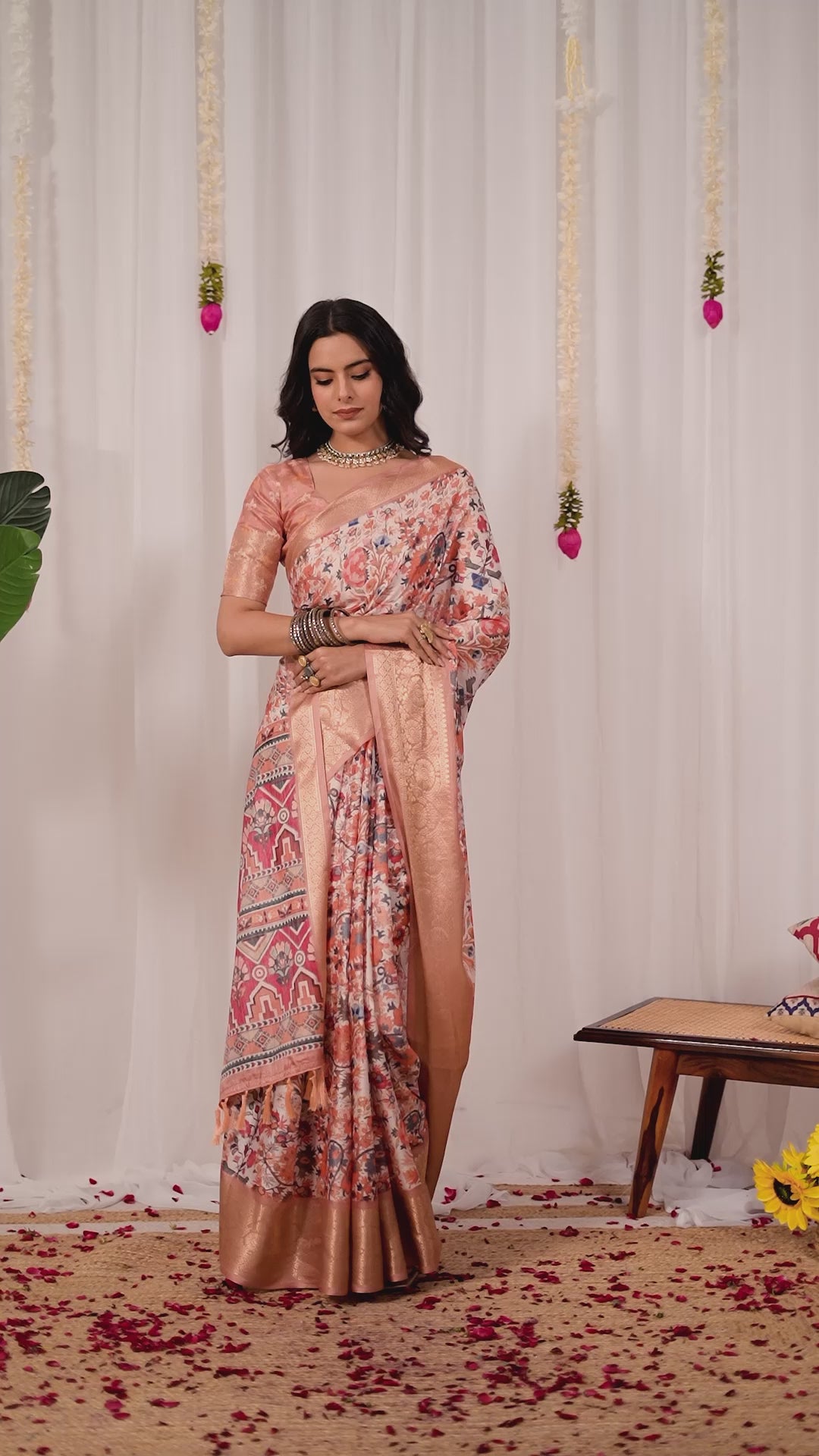 Premium Soft Silk Floral Printed Saree with Rich Gold Zari Woven Border