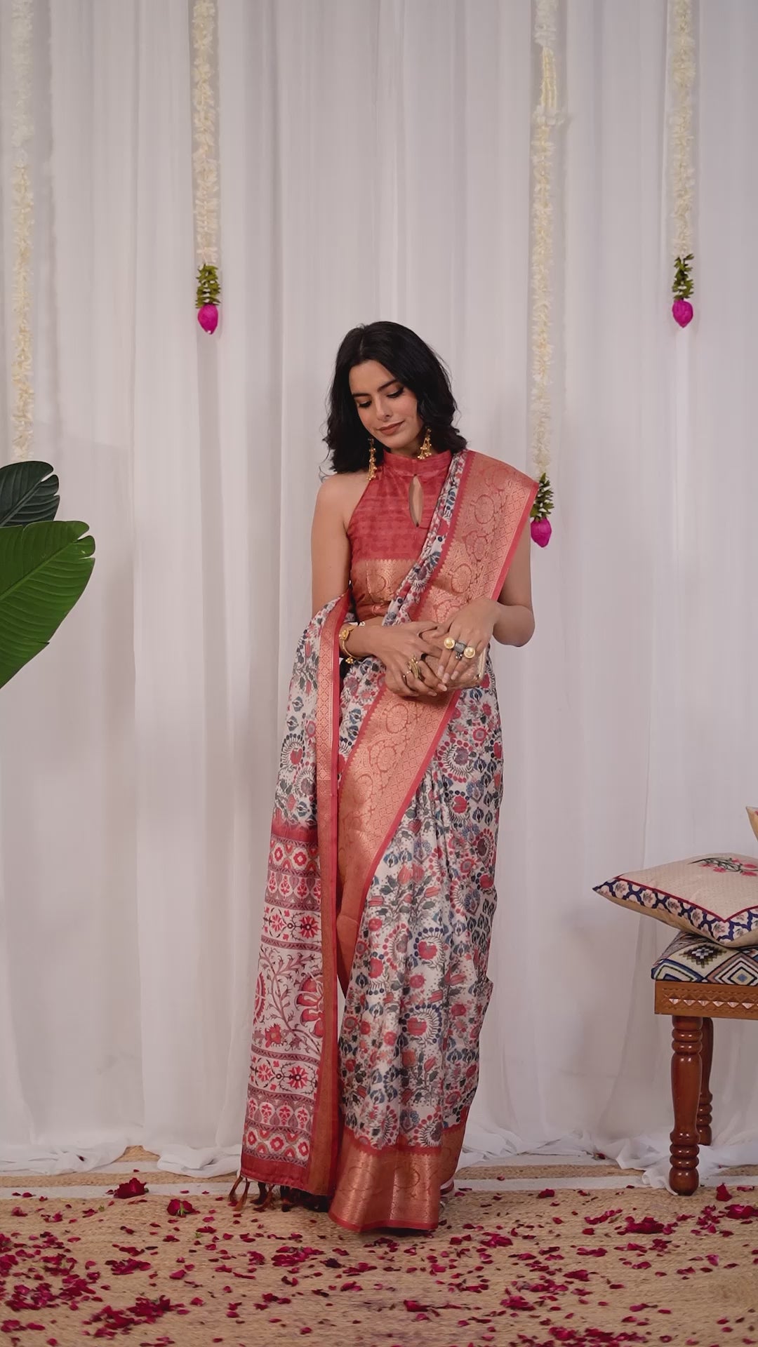 Premium Soft Silk Floral Printed Saree with Rich Copper Zari Woven Border