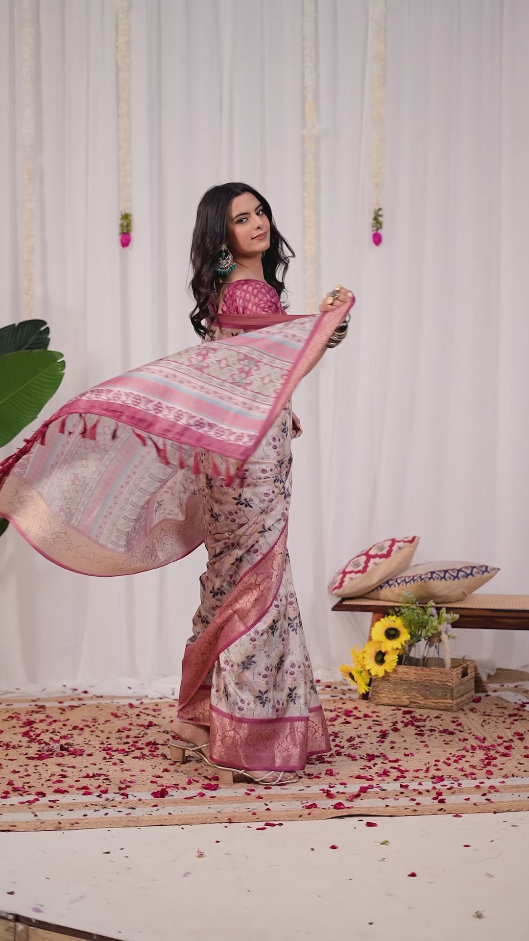 Premium Soft Silk Floral Printed Saree with Rich Pink Zari Woven Border